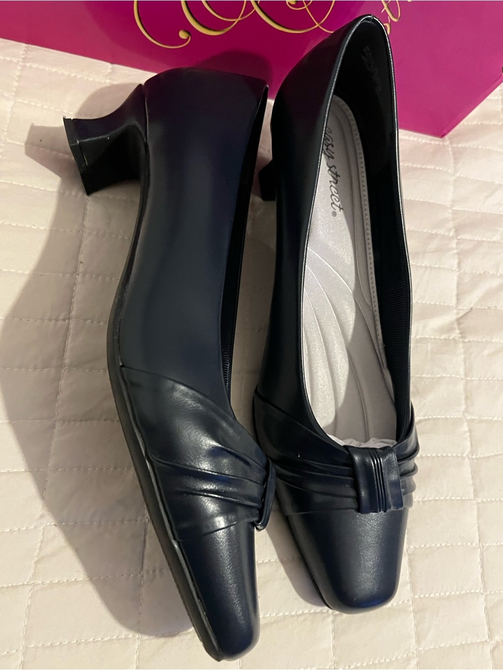 easy street Navy Block Heel Pumps with Pleat Detail